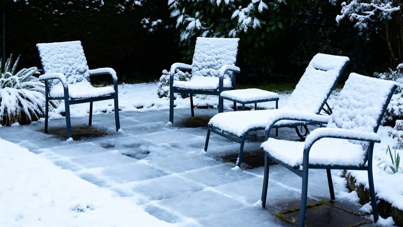 Mobilier de jardin recouvert de neige en hiver