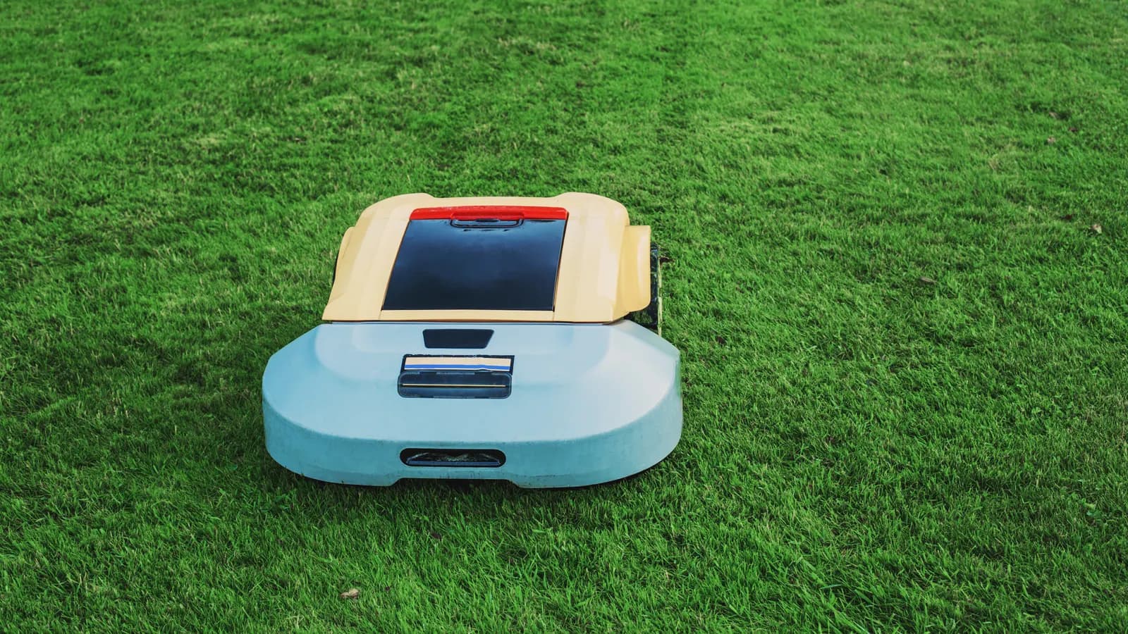 Robot tondeuse compact sur une petite pelouse