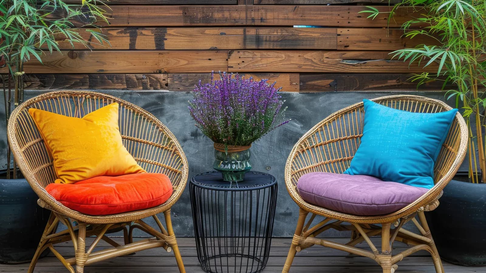 Coin salon de jardin avec coussins moelleux et plantes