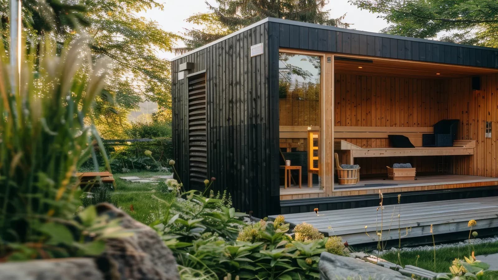 Grande cabine de sauna extérieure en bois et verre