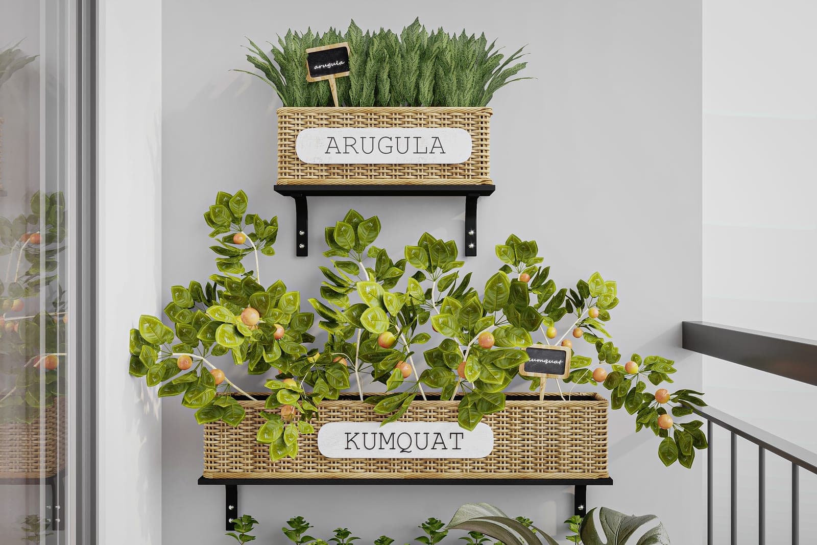 Jardin d'herbes aromatiques en pots sur un balcon d'appartement