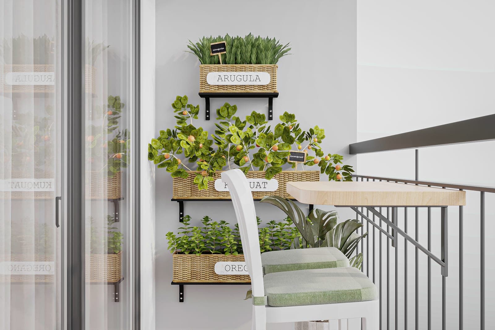 Herbes aromatiques et plantes en pot sur un balcon urbain