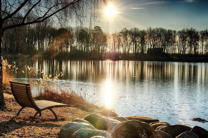 Un transat jardin près d'un lac